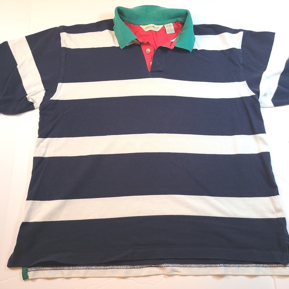 Eddie Bauer Mens Large Polo Shirt Striped Short Sleeve Green Collar Casual Y2K